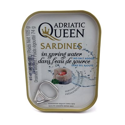 Adriatic Queen Sardines in Spring Water No Salt 30 / 105g Adriatic Queen Sardines in Spring Water No Salt 30 / 105g